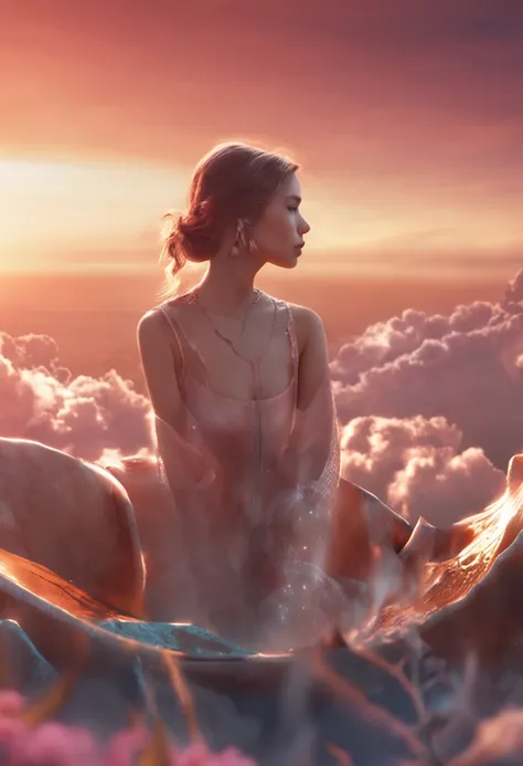 tmasterpiece, Need, portrait, hyper-detailing, illustration, closeup cleavage, Gorgeous background, Shoot straight，cinematic Film still from，1girl，Cloud Girl，Floating in the sky，closeup cleavage，brightly，cheerfulness，Warm and soft lighting，the sunset，Portr...