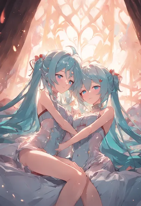 (twogirls)、(Pink long-haired Megurine Luca),、(Hatsune Miku with twin tails and light blue hair,、Slender body,、(A seductive anime girl)、Beautiful style、beautiful alluring anime woman、kindly smile、Masterpiece Portrait、Glowing blue eyes、(Transparent dress wit...