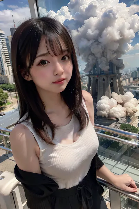 Giantess usando camisola branca, GTS cidade, City buildings, smoke billowing, nuvem, Evil, realistic lighting, salto em altura, de baixo, aves voando,