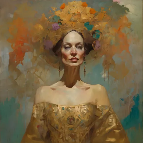 Painting of a woman with makeup from the Day of the Dead and a golden dress, Mucha Klimt et Tom Bagshaw, Craig Mullins Alphonse Mucha, Alphonse Mucha et Craig Mullins, Beeple et Alphonse Mucha, Tom Bagshaw Donato Giancola, Krenzcushart, inspired by James C...