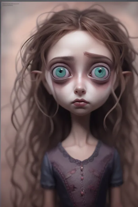 mejor calidad, obra maestra, (realista: 1.2), Deamical portrait 1 girl, con enormes ojos realistas y detallados, fondo dramatico, por tim burton