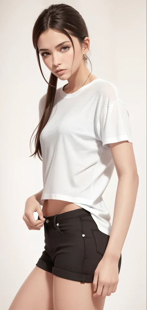 um close up de uma mulher linda de camisa branca e bermuda preta, com corte rasgado t - camisa, camiseta branca, usando um top cropped sexy, usando topo de corte, usando um top cropped, usando um top cropped, Topo de colheita, topo de corte, casual white g...