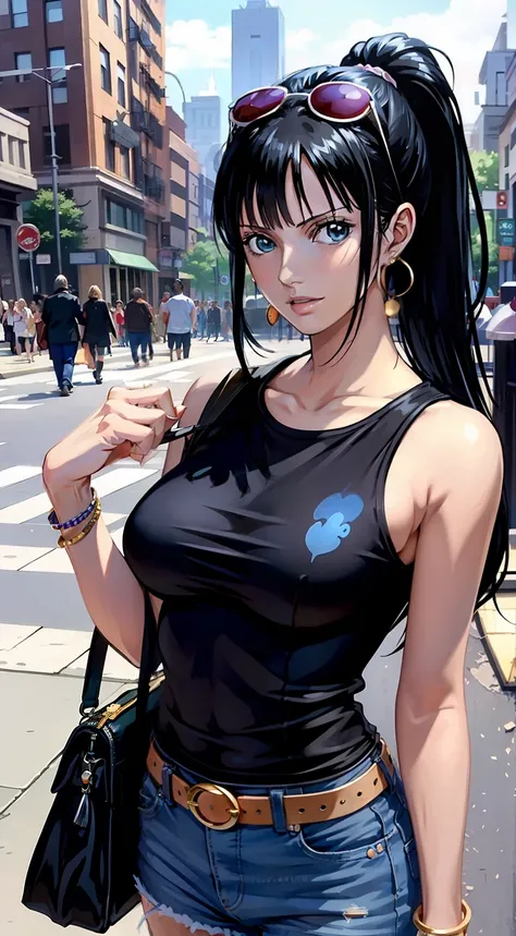 nico robin from anime one piece, robin, black hair, long hair, ponytail, beautiful woman, beautiful, very beautiful, perfect body, perfect boobs, standing, wearing watch, wearing earrings, wearing purple t-shirt, wearing short jeans, wearing black handbag,...