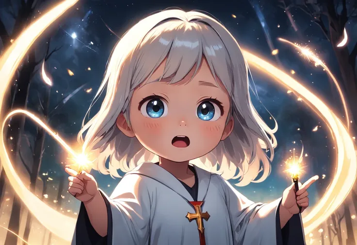 Cartoony，Chubby little girl in a white priests robe，With a scepter，Glowing fireflies around，，Cute and cute，KIDS ILLUSTRATION，Glow effects，Dingdall effect，depth of fields，high light，Real light，Ray traching，oc rendered，Hyper-realistic，best qualtiy，8K，Works o...