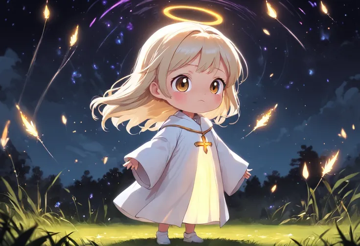 Cartoony，Chubby little girl in a white priests robe，With a scepter，Glowing fireflies around，，Cute and cute，KIDS ILLUSTRATION，Glow effects，Dingdall effect，depth of fields，high light，Real light，Ray traching，oc rendered，Hyper-realistic，best qualtiy，8K，Works o...