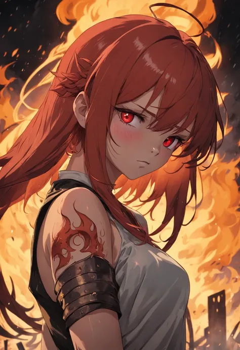 Redhead，Red eyes，Flames envelop the hands，rainy days，wastelands，male people，Tattoo with inscription on the left side of the face