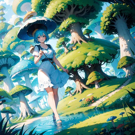 Master piece, high quality, best detail, a woman with light blue short hair, big eyes, big smile, walk in giant mushroom forest, green foodie