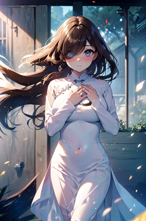 Transcendently Beautiful Girl, nose blush, embarrassed, (masterpiece face, masterpiece eyes:1.5), BREAK, (long hair, hair over one eye, straight heavy hair, brown hair:1.3), BREAK, Flat_Chest, Huge_breasts, wide_lower back, long eyelashes, makeup, BREAK, (...