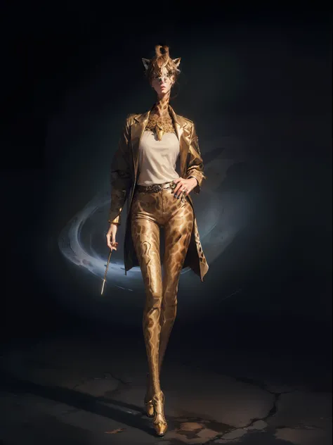 (((fullbody image、Standing posture)))、(Full-body giraffe standing upright in luxury business suit、Humanoid giraffe、Cool anthropomorphic giraffe with long legs)、​masterpiece, top-quality, in 8K , intricate detailes, ultra-detailliert , light Particle、32K Di...