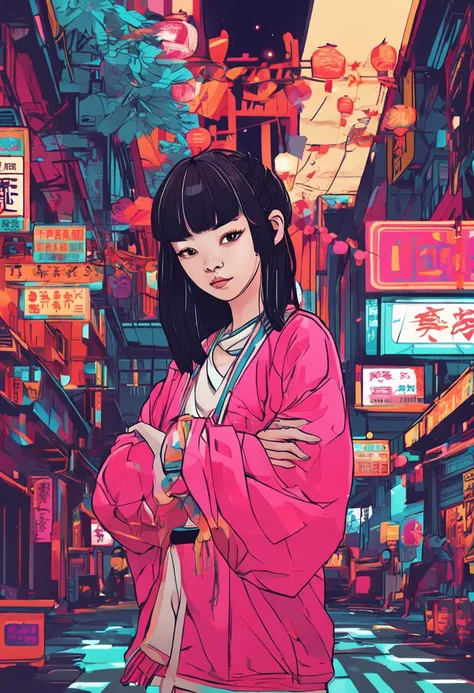 Pretty girl in Japan。Neon street in the background。China style。Bun hair。kung fu pose。Black Haired Girl。Bangs。colourfull。pop music。Art-like。