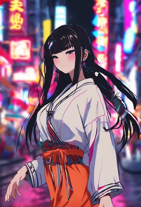 Pretty girl in Japan。Neon street in the background。China style。Bun hair。kung fu pose。Black Haired Girl。Bangs。colourfull。pop music。Art-like。