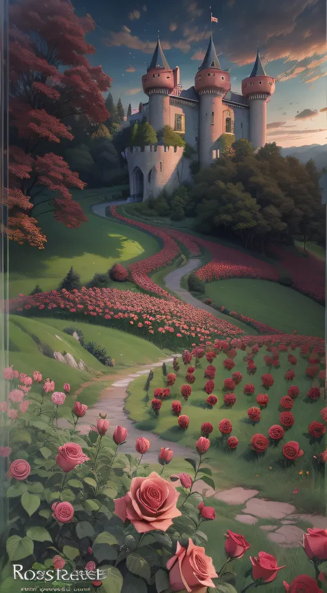 Rose castle deep in the forest，Red roses，