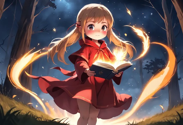 Cartoony，Chubby little girl in a red mage robe，pony tails，With a magic book，The fireball is in hand，Glowing fireflies around，，Cute and cute，KIDS ILLUSTRATION，Glow effects，Dingdall effect，depth of fields，high light，Real light，Ray traching，oc rendered，Hyper-...