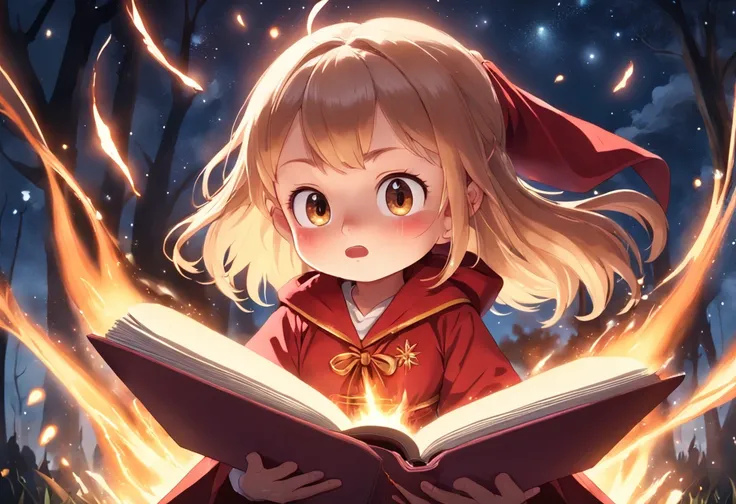 Cartoony，Chubby little girl in a red mage robe，pony tails，With a magic book，The fireball is in hand，Glowing fireflies around，，Cute and cute，KIDS ILLUSTRATION，Glow effects，Dingdall effect，depth of fields，high light，Real light，Ray traching，oc rendered，Hyper-...