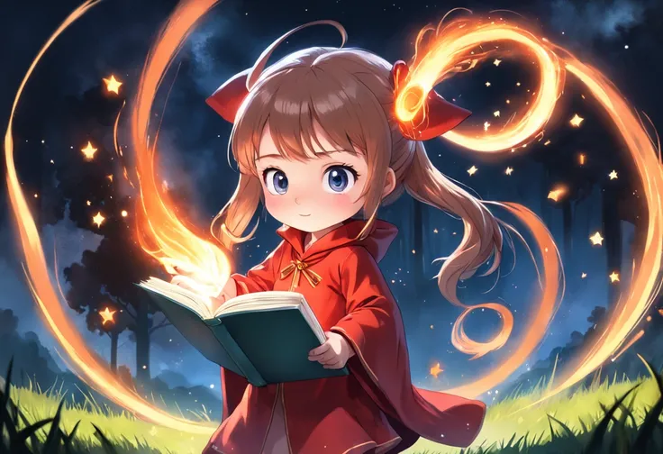 Cartoony，Chubby little girl in a red mage robe，pony tails，With a magic book，The fireball is in hand，Glowing fireflies around，，Cute and cute，KIDS ILLUSTRATION，Glow effects，Dingdall effect，depth of fields，high light，Real light，Ray traching，oc rendered，Hyper-...