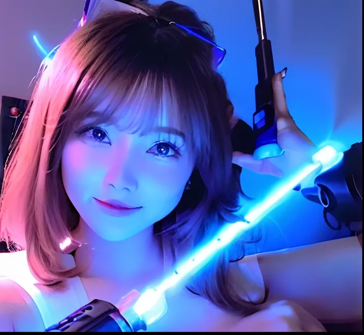 Close up portrait of a person in bed with a gun, with electric arc device, airbrushed, Sucking a soldering iron, youtube video screenshot, Blue lightsaber in hand, body full glowing vacuum tubes, Piercings resembling plasma jets, Plasma gun, airbrushed, sh...