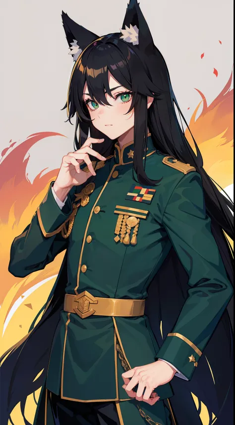 adult man, Long black hair, Fox ears, Green eyes, Black generals uniform, Masterpiece, hiquality