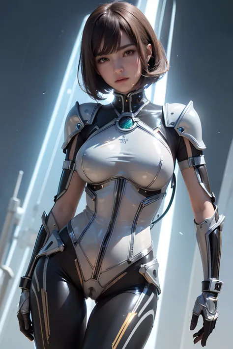 ((Best Quality, 8K, Masterpiece: 1.3)), 1girl, shiny skin, sharp, Perfect Body Beauty, realistic shaded perfect body, ("bodysuit ,transparent pussy" :1.2), (machanical armor gloves:1.2), (mechanical armor leggins:1.2) ,big_breasts ,mechanical, thigh ,dynam...