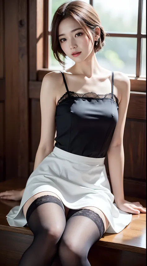 Innocent Girl、Small、A smile、sitting gracefully、(Wearing a long dress with a flared skirt)、Shoulder out、鎖骨、(Wearing stockings)、Short Layer Hair、Raw photo, (8K、top-quality、​masterpiece:1.2)、(intricate detailes:1.4)、(Photorealsitic:1.4)、octane renderings、Comp...