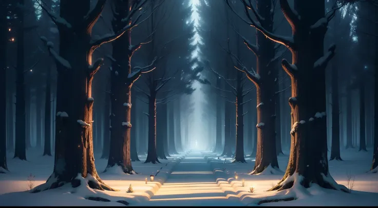 Craft an entrancing image of a magical forest with trees aglow in soft, shimmering lights. The forest should be a realm of wonder, its beauty enhanced by the gentle radiance of the moonlight. Illuminate the scene with a palette of cool and calming colors, ...