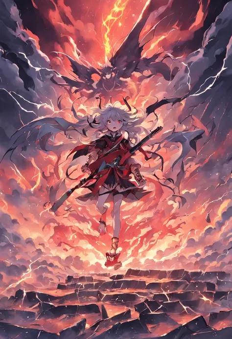 Heavy metal album cover，The devil plays guitar in front, Ruins and storms in the background in the clouds