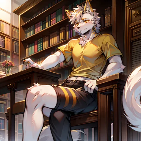 White wolf，Handsome，There are gold stripes around the ears，Golden eyes，Yellow T-shirt，Black  shorts，Sitting in the library