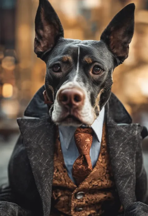 anthropomorphic dog, dressed in a suit, Smoking, lightroom, Cinematic, hdr, primitive, Intricate, High quality, soothing tones, Intricate details, Low contrast