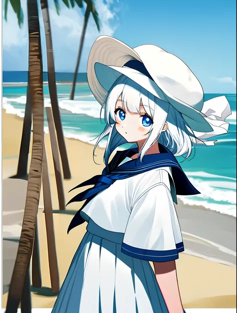 Venue beach，schoolgirls，white color hair，eBlue eyes，white  clothes，Its cute，Wear a white hat on the head