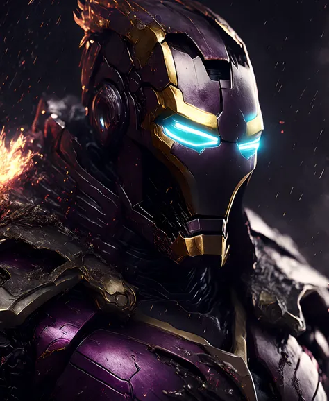 Close-up (Joker Iron Man in Viking style: 1.3) emerging from wet black mud, extremely detailed, smoke, sparks, metal shavings, flying debris, volumetric light