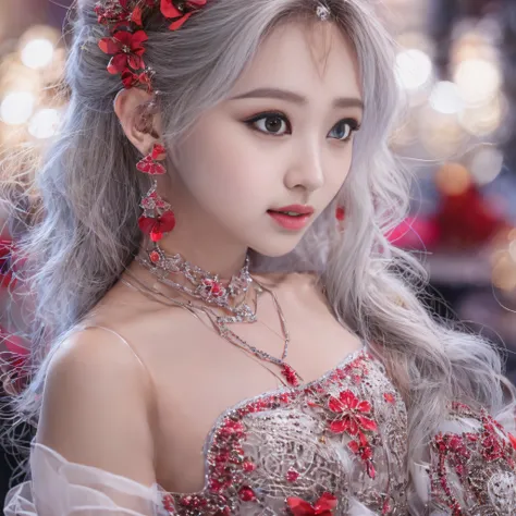 Good quality， tmasterpiece， A high resolution， 1girll，Chinese wedding dress，White hair shiny hair accessories，choker necklace，jewely，beauitful face，after sexing_Body，Tyndall effect，realisticlying，Red holiday room edge lighting，twotonelighting，（highdetailsk...