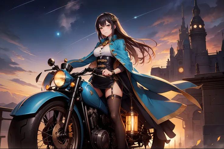 Top image quality、超A high resolution、Anime style、one beautiful women、Steampunk style costumes、Adorned with countless gears and chronometers、Smooth depiction、Detailed depiction、full body Esbian、Ride a steampunk-inspired retro motorcycle、Sky Blue Leather Coa...