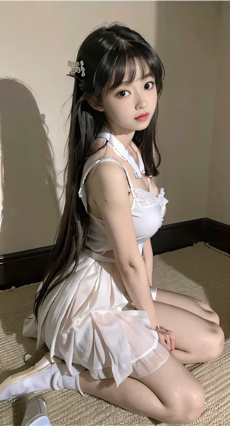 Master quality, highest quality, best picture quality, exaggerated details, goddess of moonlight cute 8 year old asian little girl with a shy expression, slightly squinted eyes, adjusting her hair, long eyelashes, (hyperrealistic schoolgirl), (dressed as s...