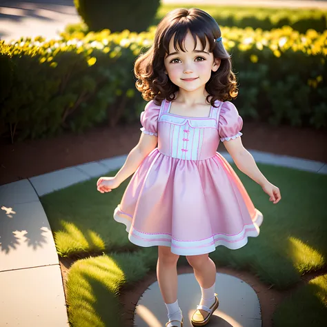 a child girl with the face of Carla Gugino, totally realistic, the highest definition, perfect lighting, with a shy smile, with cheerful countenance, wearing a princess dress, full body, 4k