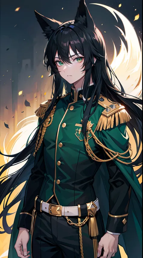 adult man, Long black hair, Fox ears, Green eyes, Black generals uniform, Masterpiece, hiquality