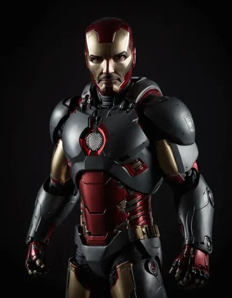 full body Iron Man in dark room, backlit portrait, chiaroscuro portrait, low-key, dark portrait, high contrast dramatic lighting, dramatic portrait, dark moody backlighting, low key dramatic lighting, portrait soft low light, portrait.