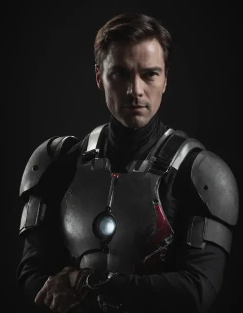 full body Iron Man in dark room, backlit portrait, chiaroscuro portrait, low-key, dark portrait, high contrast dramatic lighting, dramatic portrait, dark moody backlighting, low key dramatic lighting, portrait soft low light, portrait.