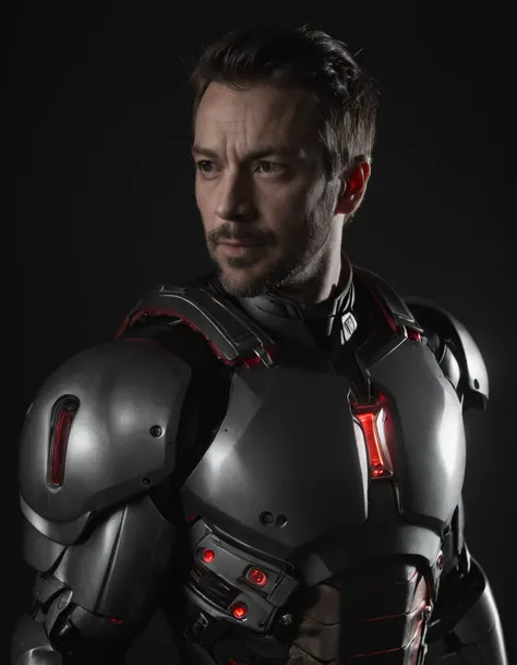 full body Iron Man in dark room, backlit portrait, chiaroscuro portrait, low-key, dark portrait, high contrast dramatic lighting, dramatic portrait, dark moody backlighting, low key dramatic lighting, portrait soft low light, portrait.