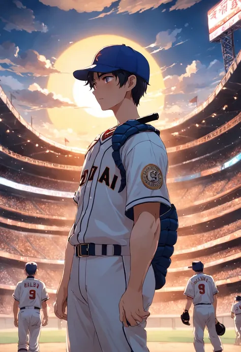 Sunshine Boys，Charming temperament，Baseball uniforms，Crooked baseball cap，Wear baseball gloves on your right hand，Hold a ski in your left hand。