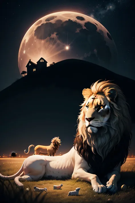 a sheep next to a lion in a night field with a moon in the background