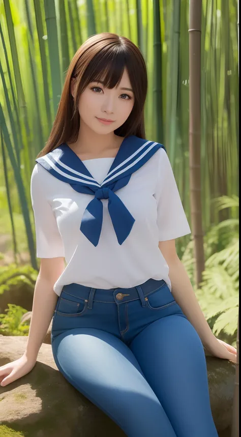 a pregirl，Thirty year old, ssmile, looking at viewert, sailor uniformm,skintight jeans, photore, realisticlying, Best quality at best, employee, 详细的脸, Sitting on a large rock in the middle of a bamboo forest, diffuselighting, depth of fields, Background bo...