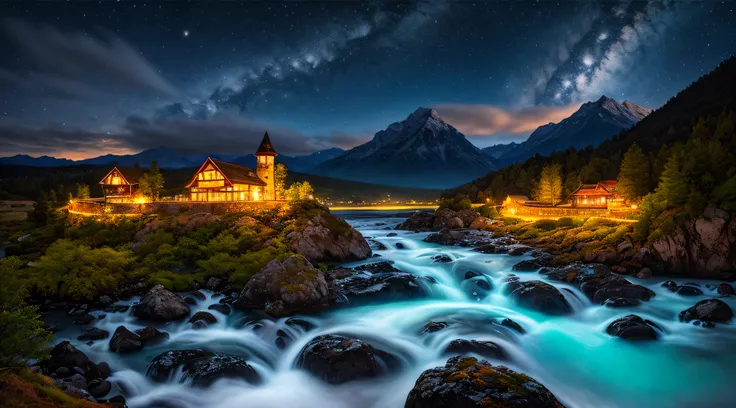 best quality, masterpiece, beautiful wild and natural fantasy landscape with glowing lights