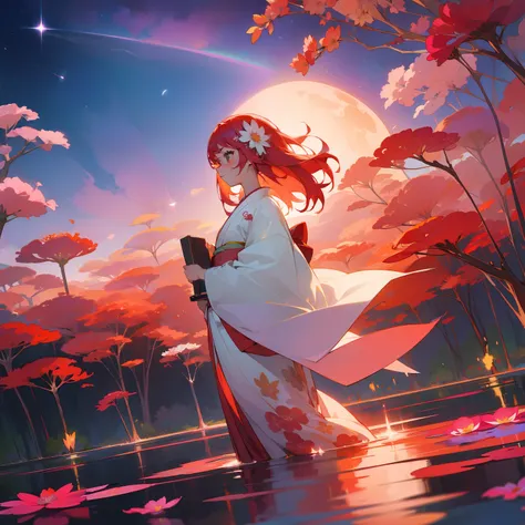 (Beautifully Aesthetic:1.2)、(1girl in:1.3)、(Red and white colorful hair:1.2)、Wearing a colorful kimono in white and pink、cosmos、Cosmos flowers are blooming、Autumn twilight、lake、Fantastic space、Sunset、