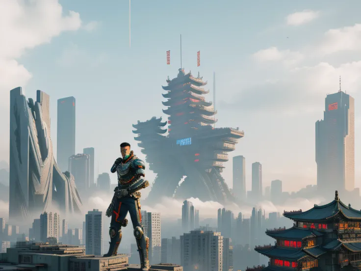 city in the style of cyberpunk，Classical Chinese architecture，A human mech warrior，The mech holds a knife，A long gun，A school of mechanical octopuses looking at the sky，The war between humans and monsters，Cyberpunk style ancient Chinese city