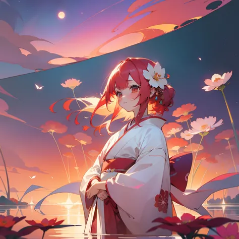 (Beautifully Aesthetic:1.2)、(1girl in:1.3)、(Red and white colorful hair:1.2)、Wearing a colorful kimono in white and pink、cosmos、Cosmos flowers are blooming、Autumn twilight、lake、Fantastic space、Sunset、