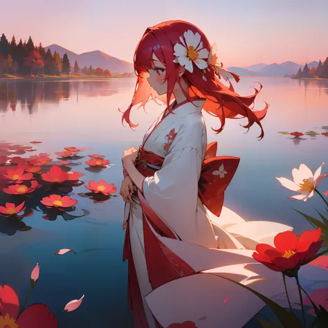 (Beautifully Aesthetic:1.2)、(1girl in:1.3)、(Red and white colorful hair:1.2)、Wearing a colorful kimono in white and pink、cosmos、Cosmos flowers are blooming、Autumn twilight、lake、Fantastic space、Sunset、