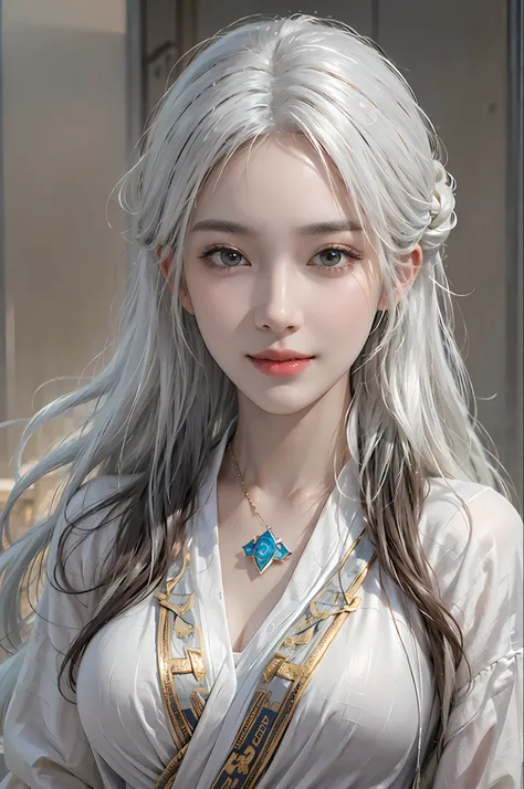 photorealistic, high resolution, 1women, solo, hips up, look at viewer, (detailed face), white hair, long hair, medium breasts, Taoist, smile