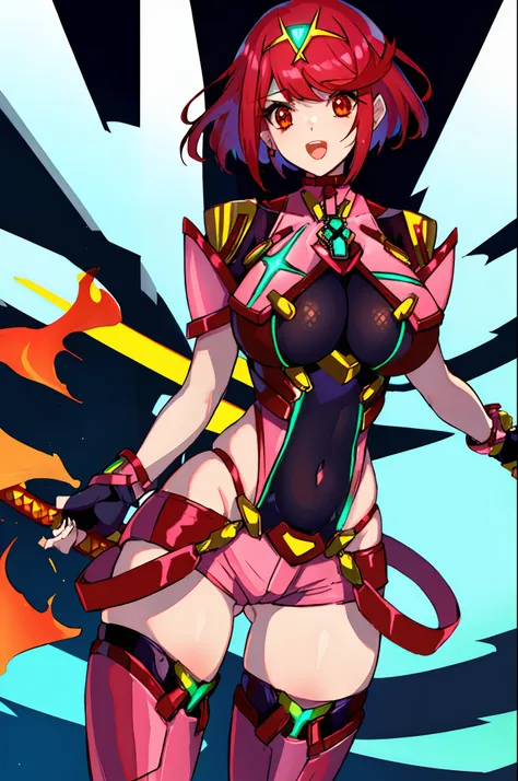 pyra (xenoblade), teen_1girl, loli, armor, bangs, black gloves, breasts, red eyes, closed mouth, earrings, eyelashes, fingerless gloves, floating hair, framed breasts, gem, gloves, hair ornament, headpiece, jewelry, big_breasts, leaning back, leotard, neon...