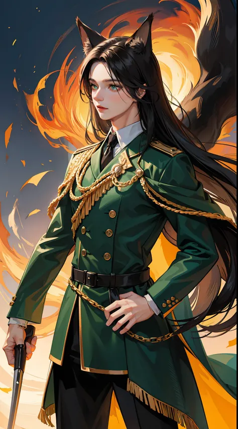 adult man, Long black hair, Fox ears, Green eyes, Black generals uniform, Masterpiece, hiquality