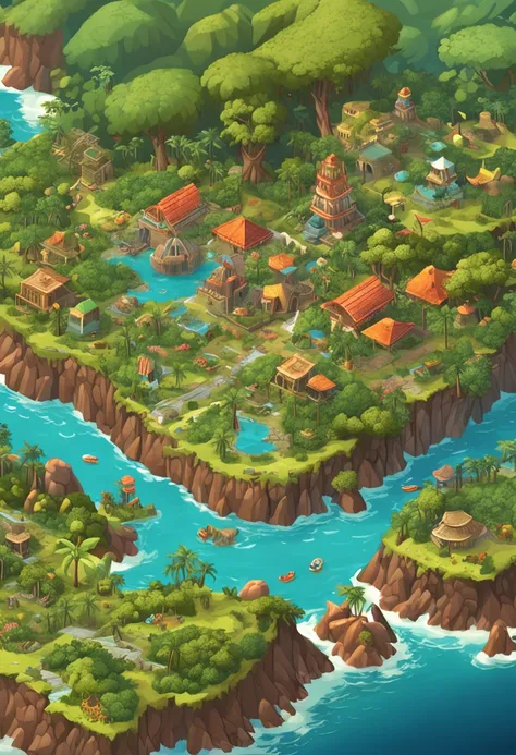 There is a jungle fantasy island island in the middle of the sea far away, mapa pintura fosca, Pintura fosca de uma ilha, isometric illustration art, Illustration of highly detailed, arte detalhada de alta qualidade, an isometric fantasy map