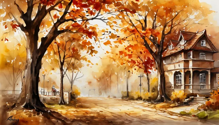 Old residential area，Red brick building，Big banyan tree，Clean the pavement，Fallen leaves，autumnal，in the early morning，Light yellow tone，super-fine，Carefully portrayed，high qulity，8K，